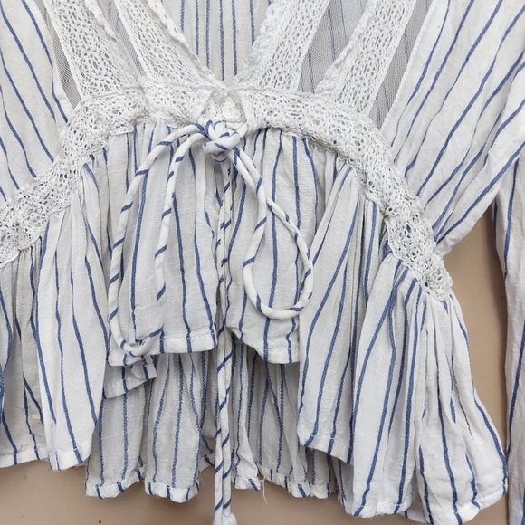 Free People | Oberoi Hippie Plunging V Neck Lace Tassel Boho Sheer Peplum Top- M - Picture 9 of 9